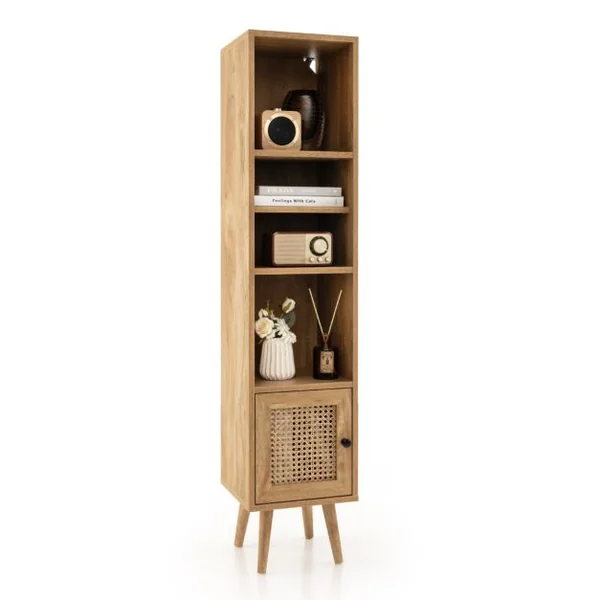 Meuble Colonne de Rangement avec Porte Rotin et Pieds en Bois Massif Meuble de Salle de Bain Étagère Réglable 29,5x29,5x137cm Marron