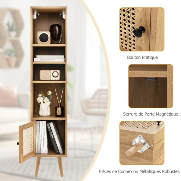 Meuble Colonne de Rangement avec Porte Rotin et Pieds en Bois Massif Meuble de Salle de Bain Étagère Réglable 29,5x29,5x137cm Marron