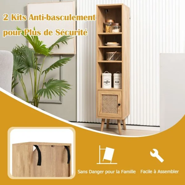 Meuble Colonne de Rangement avec Porte Rotin et Pieds en Bois Massif Meuble de Salle de Bain Étagère Réglable 29,5x29,5x137cm Marron