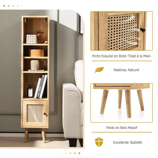Meuble Colonne de Rangement avec Porte Rotin et Pieds en Bois Massif Meuble de Salle de Bain Étagère Réglable 29,5x29,5x137cm Marron