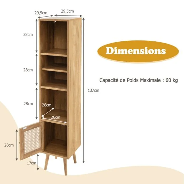 Meuble Colonne de Rangement avec Porte Rotin et Pieds en Bois Massif Meuble de Salle de Bain Étagère Réglable 29,5x29,5x137cm Marron