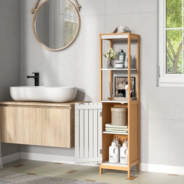 Meuble Colonne de Salle de Bain Armoire Haute de Rangement en Bambou avec Porte à Lattes Étagère Réglable 30 x 30 x 129 cm Naturel + Blanc