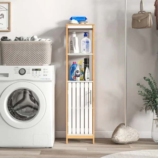 Meuble Colonne de Salle de Bain Armoire Haute de Rangement en Bambou avec Porte à Lattes Étagère Réglable 30 x 30 x 129 cm Naturel + Blanc