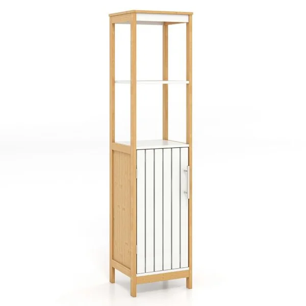 Meuble Colonne de Salle de Bain Armoire Haute de Rangement en Bambou avec Porte à Lattes Étagère Réglable 30 x 30 x 129 cm Naturel + Blanc