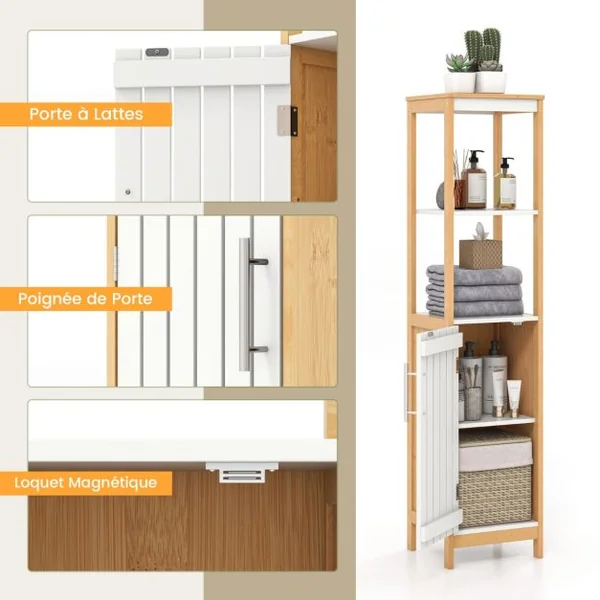 Meuble Colonne de Salle de Bain Armoire Haute de Rangement en Bambou avec Porte à Lattes Étagère Réglable 30 x 30 x 129 cm Naturel + Blanc