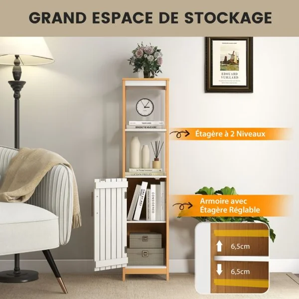 Meuble Colonne de Salle de Bain Armoire Haute de Rangement en Bambou avec Porte à Lattes Étagère Réglable 30 x 30 x 129 cm Naturel + Blanc