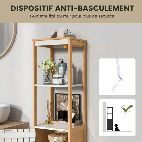 Meuble Colonne de Salle de Bain Armoire Haute de Rangement en Bambou avec Porte à Lattes Étagère Réglable 30 x 30 x 129 cm Naturel + Blanc
