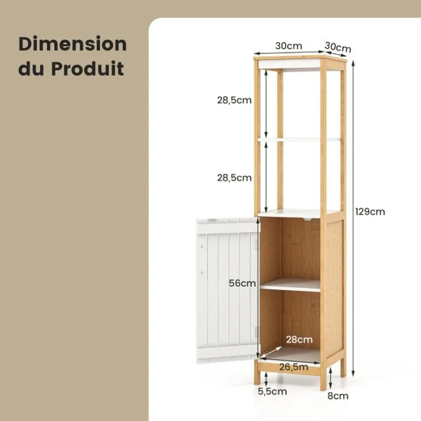 Meuble Colonne de Salle de Bain Armoire Haute de Rangement en Bambou avec Porte à Lattes Étagère Réglable 30 x 30 x 129 cm Naturel + Blanc