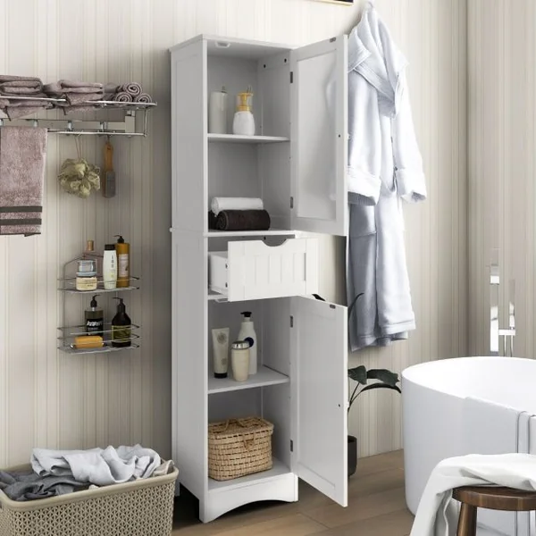 Meuble Colonne de Salle de Bain avec 2 Portes et 1 Tiroir Étagères Réglables et Porte en Verre Dépoli 40 x 30 x 170 cm Noir