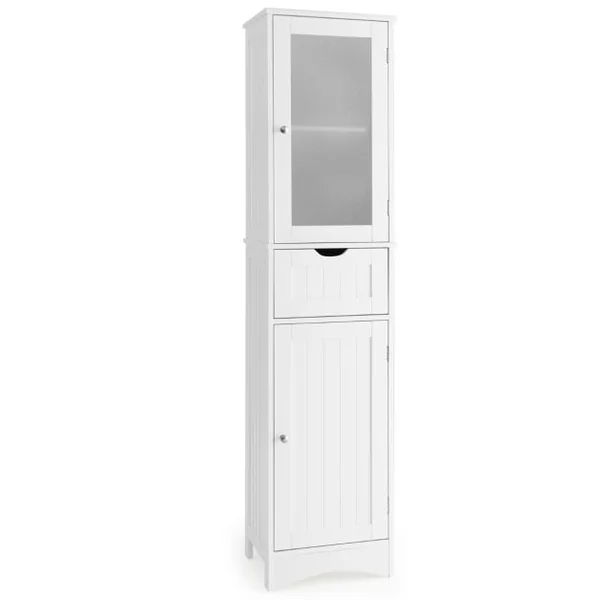 Meuble Colonne de Salle de Bain avec 2 Portes et 1 Tiroir Étagères Réglables et Porte en Verre Dépoli 40 x 30 x 170 cm Noir