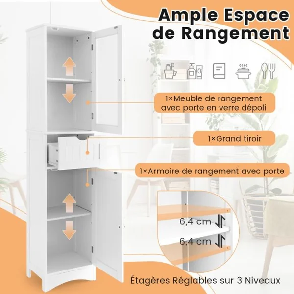 Meuble Colonne de Salle de Bain avec 2 Portes et 1 Tiroir Étagères Réglables et Porte en Verre Dépoli 40 x 30 x 170 cm Noir