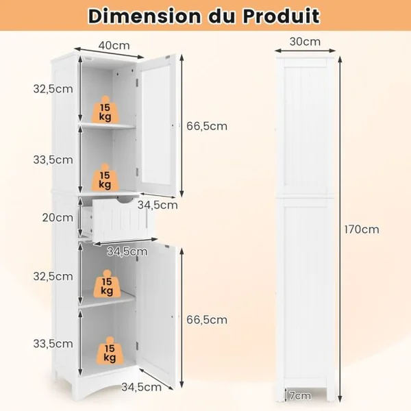 Meuble Colonne de Salle de Bain avec 2 Portes et 1 Tiroir Étagères Réglables et Porte en Verre Dépoli 40 x 30 x 170 cm Noir