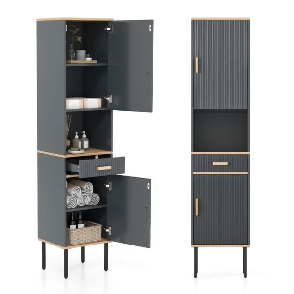 Meuble Colonne de Salle de Bain avec 2 Portes et Tiroir Compartiment Ouvert pour Salle de Bain Salon 40 x 35 x 176 cm Gris
