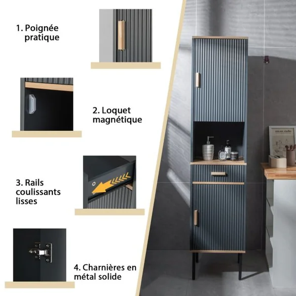 Meuble Colonne de Salle de Bain avec 2 Portes et Tiroir Compartiment Ouvert pour Salle de Bain Salon 40 x 35 x 176 cm Gris