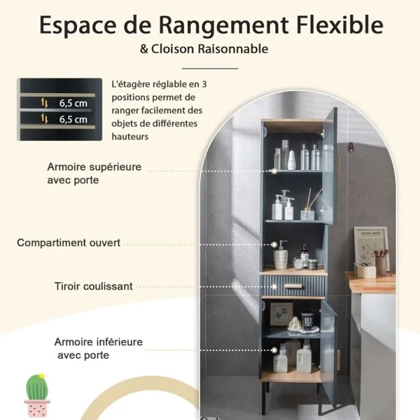 Meuble Colonne de Salle de Bain avec 2 Portes et Tiroir Compartiment Ouvert pour Salle de Bain Salon 40 x 35 x 176 cm Gris