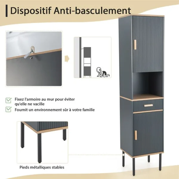 Meuble Colonne de Salle de Bain avec 2 Portes et Tiroir Compartiment Ouvert pour Salle de Bain Salon 40 x 35 x 176 cm Gris
