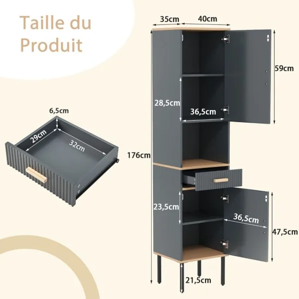 Meuble Colonne de Salle de Bain avec 2 Portes et Tiroir Compartiment Ouvert pour Salle de Bain Salon 40 x 35 x 176 cm Gris