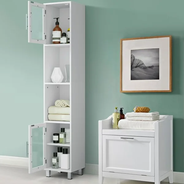 Meuble Colonne de Salle de Bain avec 2 Étagères Ouvertes 1 Étagère Réglable et Portes en Verre Trempé 33 x 30 x 180 cm Blanc