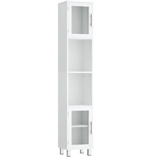 Meuble Colonne de Salle de Bain avec 2 Étagères Ouvertes 1 Étagère Réglable et Portes en Verre Trempé 33 x 30 x 180 cm Blanc