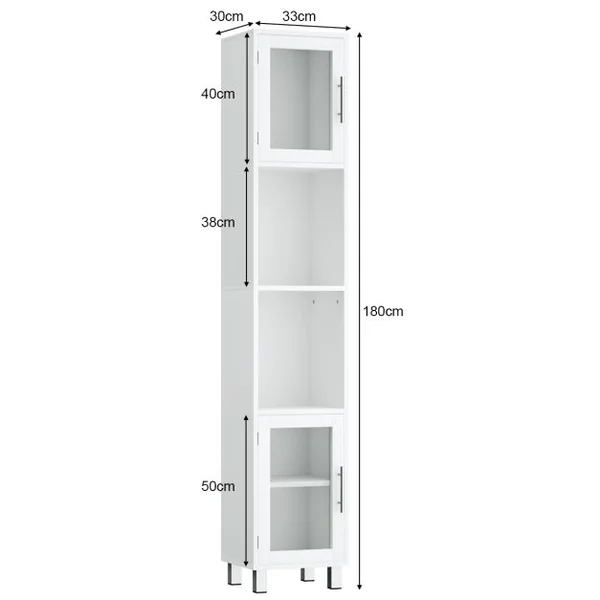 Meuble Colonne de Salle de Bain avec 2 Étagères Ouvertes 1 Étagère Réglable et Portes en Verre Trempé 33 x 30 x 180 cm Blanc