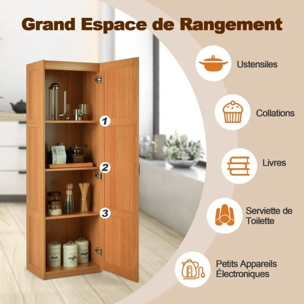Meuble Colonne de Salle de Bain avec 4 Étagères de Rangement Armoire de Rangement Verticale avec Porte 45,5 x 36 x 153 cm Naturel