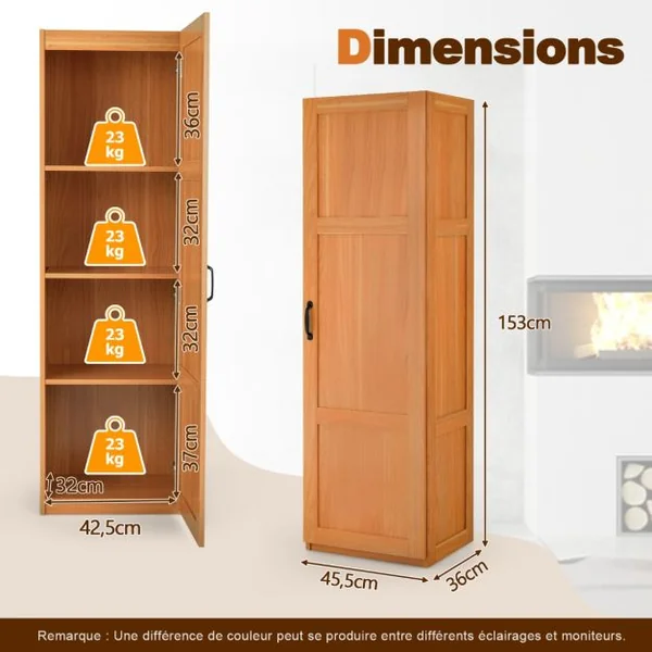 Meuble Colonne de Salle de Bain avec 4 Étagères de Rangement Armoire de Rangement Verticale avec Porte 45,5 x 36 x 153 cm Naturel
