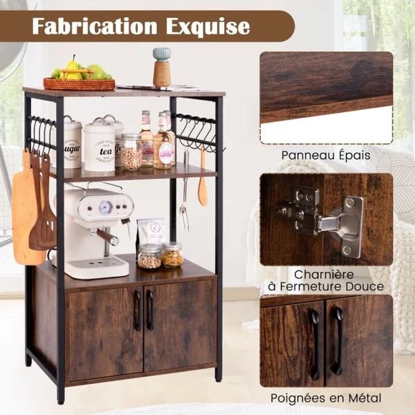 Meuble de Cuisine à 3 Niveaux avec Armoire et 2 Etagères Ouvertes 10 Crochets en ‘S’ Support de Four à Micro-ondes Industriel Marron