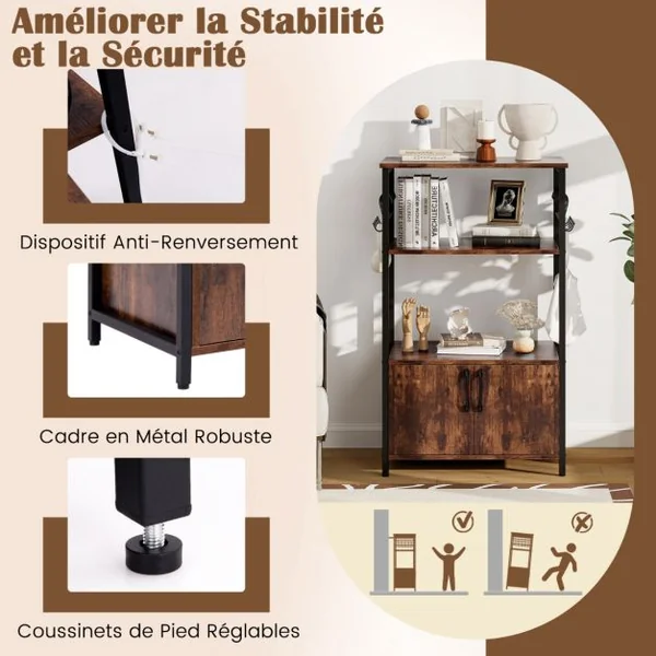 Meuble de Cuisine à 3 Niveaux avec Armoire et 2 Etagères Ouvertes 10 Crochets en ‘S’ Support de Four à Micro-ondes Industriel Marron