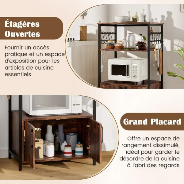 Meuble de Cuisine à 3 Niveaux avec Armoire et 2 Etagères Ouvertes 10 Crochets en ‘S’ Support de Four à Micro-ondes Industriel Marron