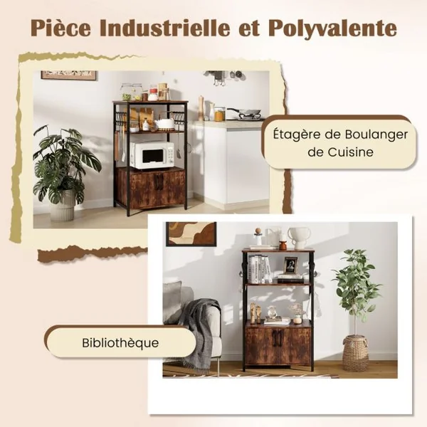 Meuble de Cuisine à 3 Niveaux avec Armoire et 2 Etagères Ouvertes 10 Crochets en ‘S’ Support de Four à Micro-ondes Industriel Marron