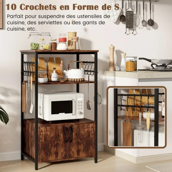 Meuble de Cuisine à 3 Niveaux avec Armoire et 2 Etagères Ouvertes 10 Crochets en ‘S’ Support de Four à Micro-ondes Industriel Marron