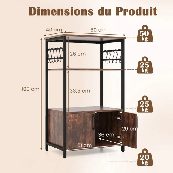 Meuble de Cuisine à 3 Niveaux avec Armoire et 2 Etagères Ouvertes 10 Crochets en ‘S’ Support de Four à Micro-ondes Industriel Marron