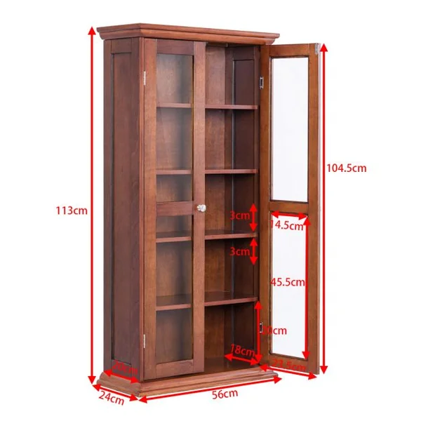 Meuble de Rangement Armoire Multimédia en Bois Rustique avec 2 Portes en Verre et Étagères Réglables pour 100 CD DVD