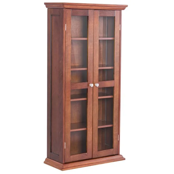 Meuble de Rangement Armoire Multimédia en Bois Rustique avec 2 Portes en Verre et Étagères Réglables pour 100 CD DVD