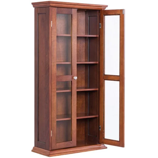Meuble de Rangement Armoire Multimédia en Bois Rustique avec 2 Portes en Verre et Étagères Réglables pour 100 CD DVD