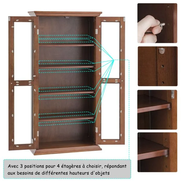 Meuble de Rangement Armoire Multimédia en Bois Rustique avec 2 Portes en Verre et Étagères Réglables pour 100 CD DVD