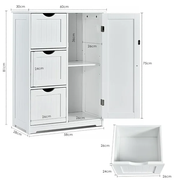 Meuble de Rangement avec 3 Tiroirs&1 Placard Étagère Réglable pour Salon Salle de Bain Chambre Bureau 60x30x81 cm Noir/Gris/Blanc