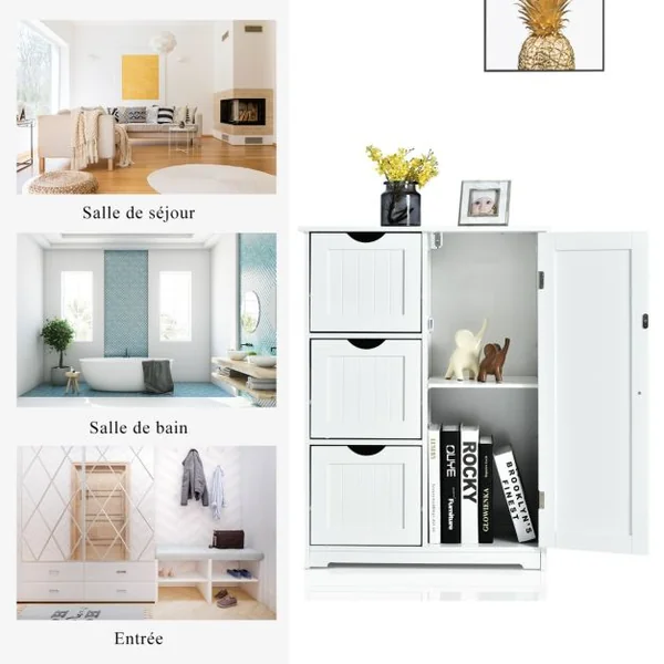 Meuble de Rangement avec 3 Tiroirs&1 Placard Étagère Réglable pour Salon Salle de Bain Chambre Bureau 60x30x81 cm Noir/Gris/Blanc