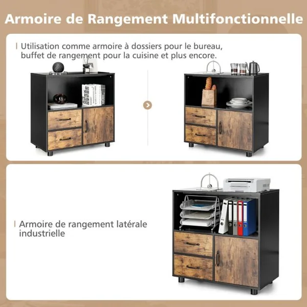 Meuble de Rangement avec Porte et 2 Tiroirs Étagère Ouverte au Milieu Salle à Manger Salon Cuisine 80 x 40 x 80,5 cm Noir