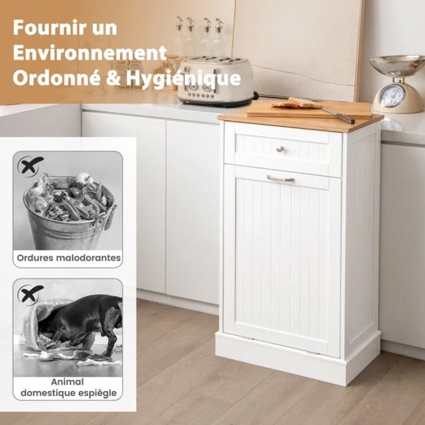 Meuble de Rangement avec Tiroir et Placard à 40L Buffet Commode pour Poubelle avec Planche à Découper en Bambou Amovible 52 x 33 x 90 cm Blanc