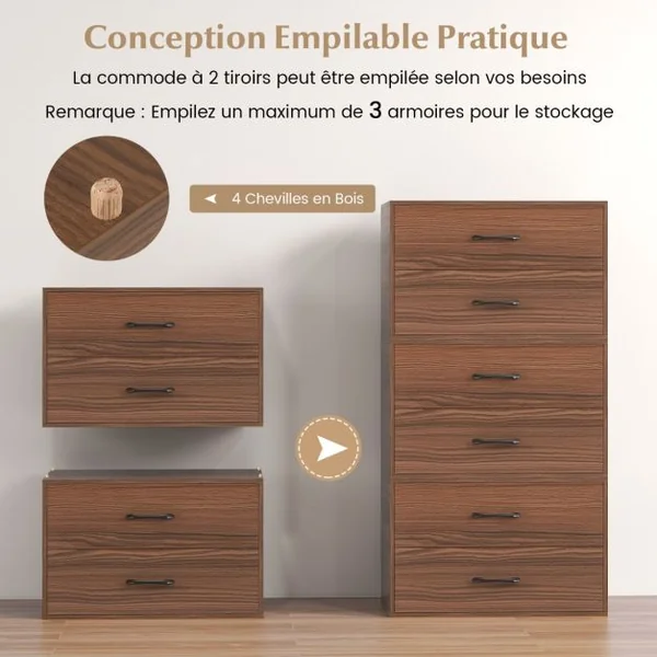 Meuble de Rangement Empilable à 2 Tiroirs Armoire de Rangement Horizontale avec Kits Anti-Basculement Noir/Blanc/Noyer