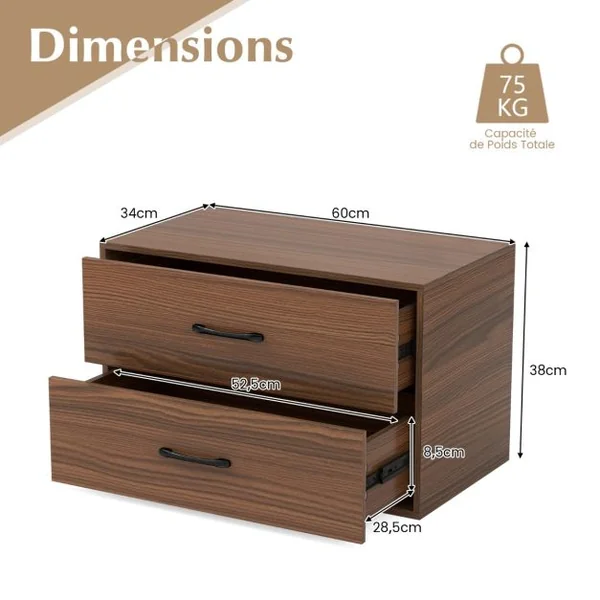 Meuble de Rangement Empilable à 2 Tiroirs Armoire de Rangement Horizontale avec Kits Anti-Basculement Noir/Blanc/Noyer