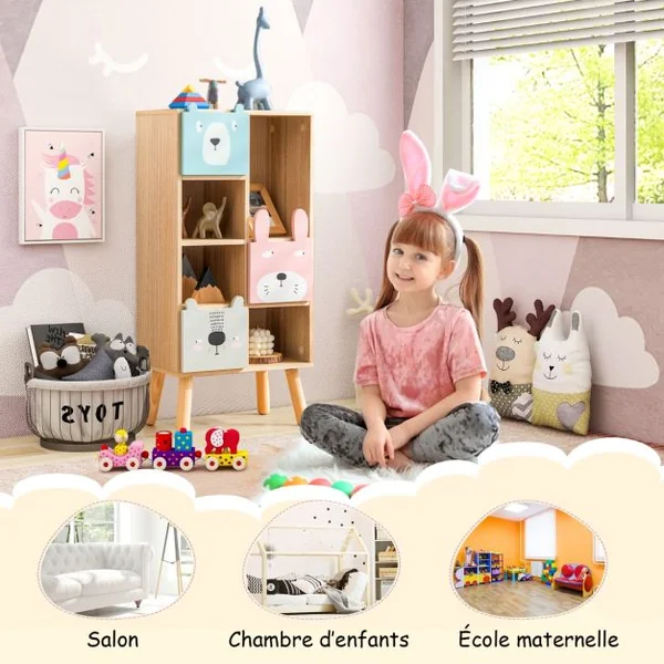 Meuble de Rangement Enfants avec 3 tiroirs et 4 compartiments ouverts pour Chambre d'Enfant 40 x 25,5 x 82,5 cm Marron