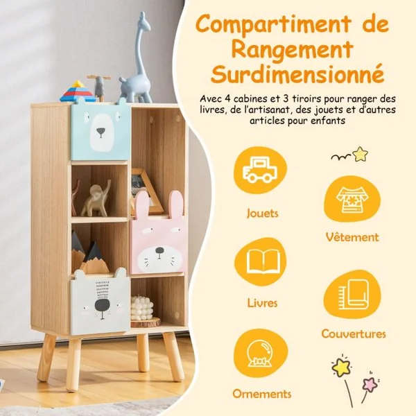Meuble de Rangement Enfants avec 3 tiroirs et 4 compartiments ouverts pour Chambre d'Enfant 40 x 25,5 x 82,5 cm Marron