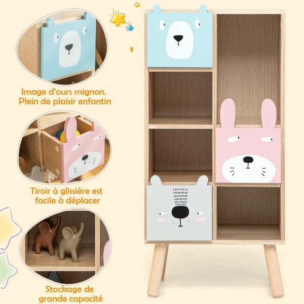 Meuble de Rangement Enfants avec 3 tiroirs et 4 compartiments ouverts pour Chambre d'Enfant 40 x 25,5 x 82,5 cm Marron