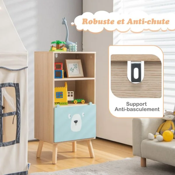 Meuble de Rangement Jouet Enfants à 3 Niveaux avec Tiroir en Forme d’ours avec Dispositif Anti-basculement Bibliothèque Café