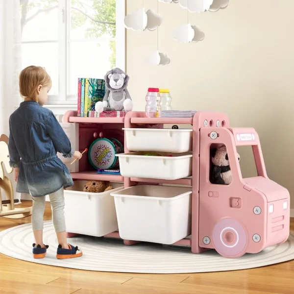 Meuble de Rangement Jouets pour Enfant 2 bac 2 tiroirs et 1 placard 110 x 32 x 66 (L x l x H) CM Gris/Rose