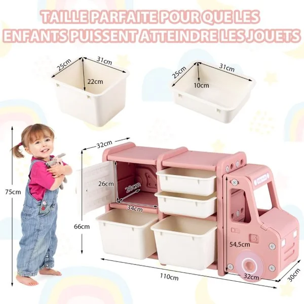 Meuble de Rangement Jouets pour Enfant 2 bac 2 tiroirs et 1 placard 110 x 32 x 66 (L x l x H) CM Gris/Rose