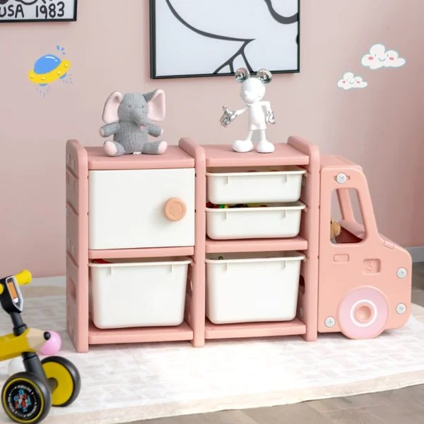 Meuble de Rangement Jouets pour Enfant 2 bac 2 tiroirs et 1 placard 110 x 32 x 66 (L x l x H) CM Gris/Rose
