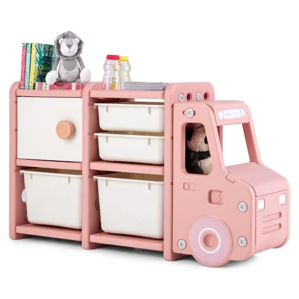 Meuble de Rangement Jouets pour Enfant 2 bac 2 tiroirs et 1 placard 110 x 32 x 66 (L x l x H) CM Gris/Rose